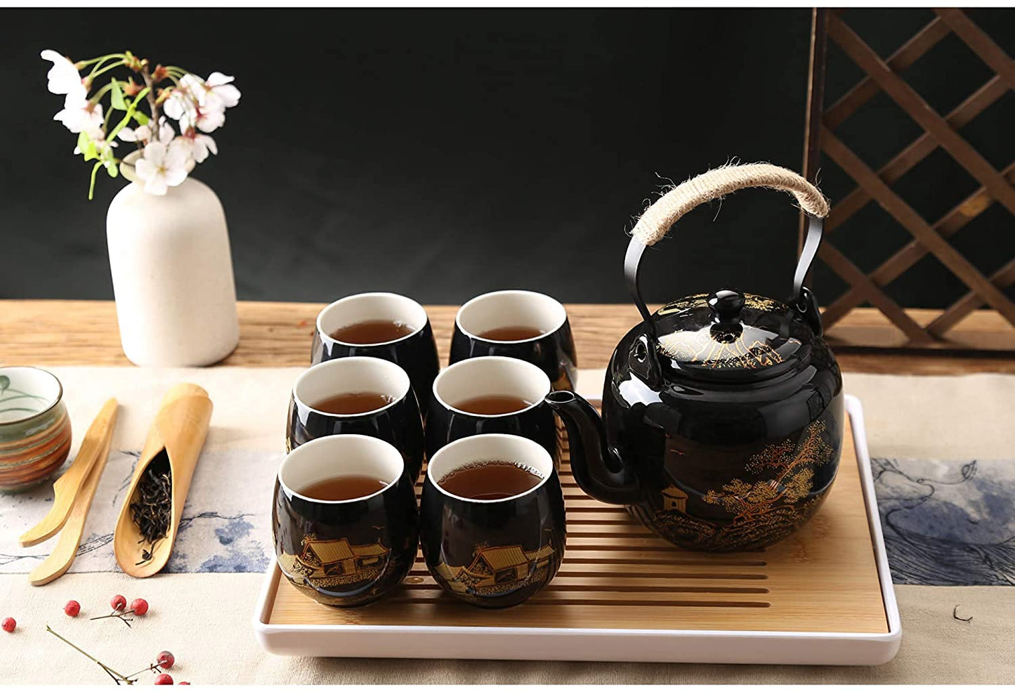 Dujust Japanese Tea Set, Black Porcelain Tea Set with 1 Teapot Set, 6 Tea Cups, 1 Tea Tray, 1 Stainless Infuser, Beautiful Asian Tea Set for Adults, Tea Lover/Women/Men (Countryside in Golden)