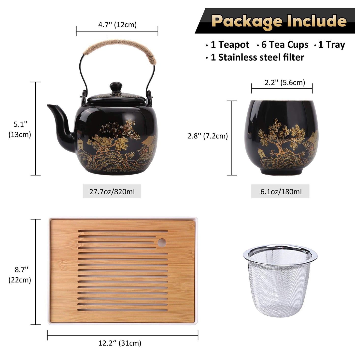 Dujust Japanese Tea Set, Black Porcelain Tea Set with 1 Teapot Set, 6 Tea Cups, 1 Tea Tray, 1 Stainless Infuser, Beautiful Asian Tea Set for Adults, Tea Lover/Women/Men (Countryside in Golden)