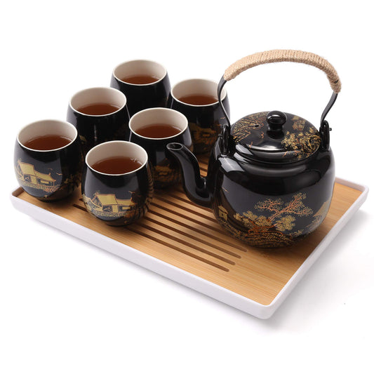Dujust Japanese Tea Set, Black Porcelain Tea Set with 1 Teapot Set, 6 Tea Cups, 1 Tea Tray, 1 Stainless Infuser, Beautiful Asian Tea Set for Adults, Tea Lover/Women/Men (Countryside in Golden)