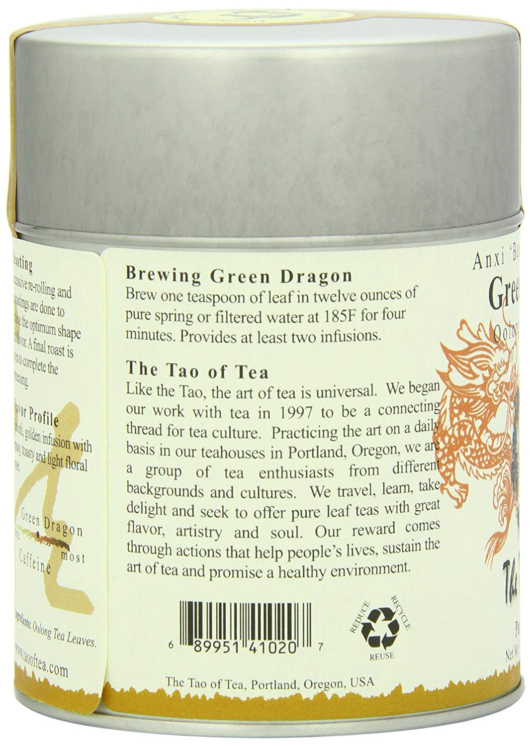 The Tao of Tea, Green Dragon Oolong Tea, Loose Leaf, 3.5 Ounce Tin